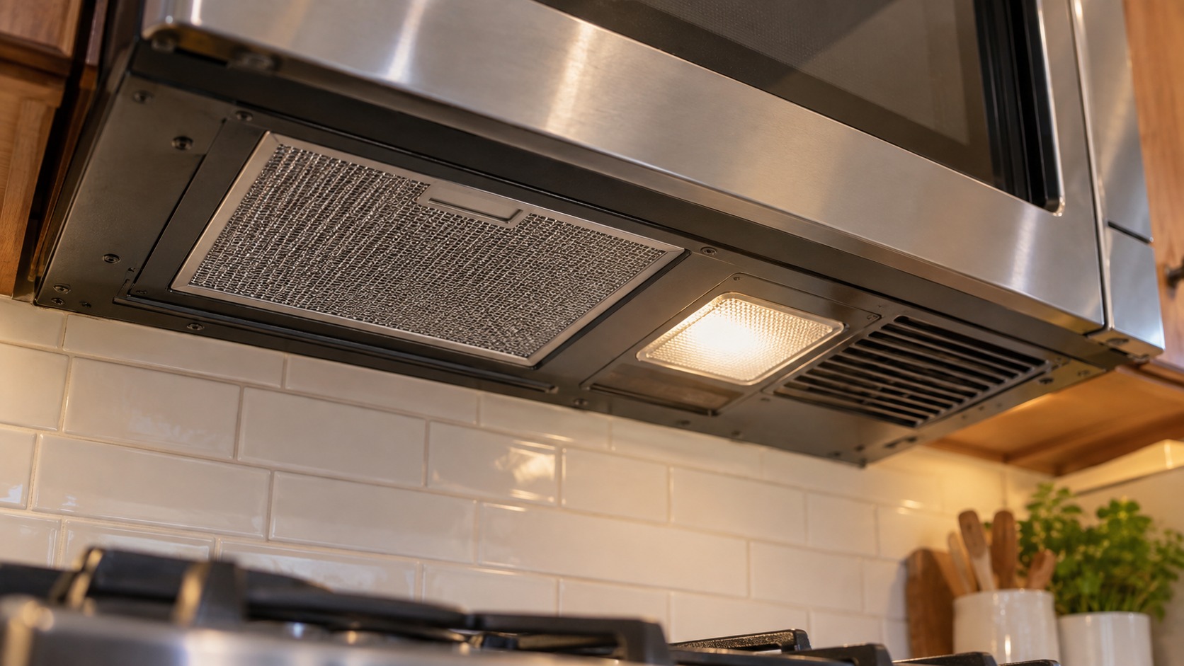 Close-up of the underside of an over-the-range microwave seen from below, showing the mesh grease filter in its slot, the cooktop light lens and the vent grille.