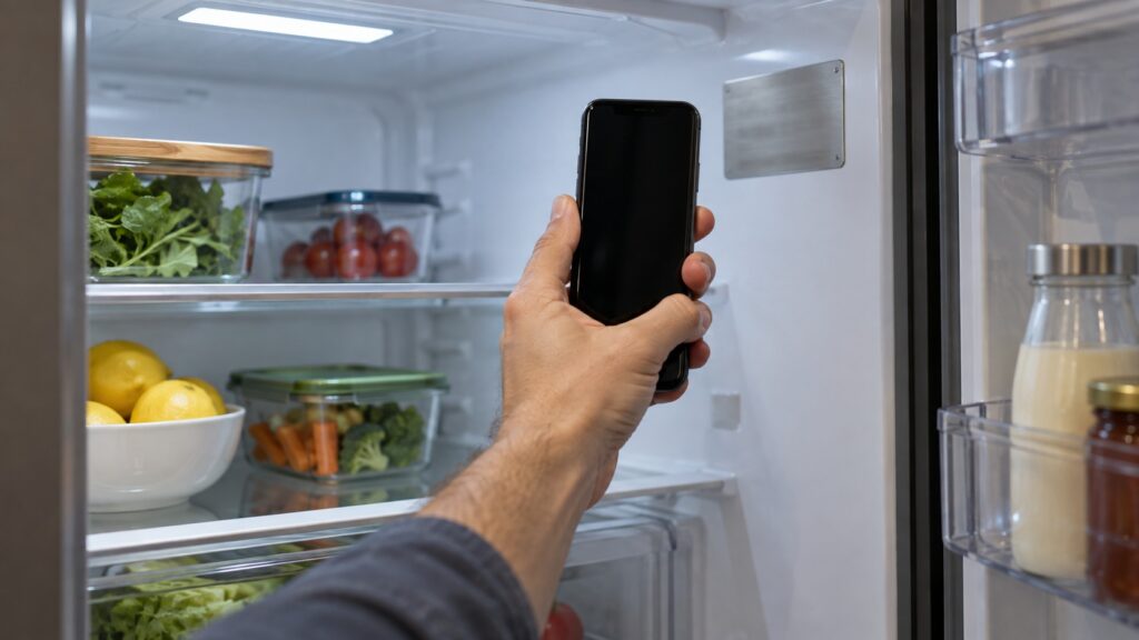 A hand holding a phone up to a silver rating plate inside the fresh food compartment of a refrigerator.