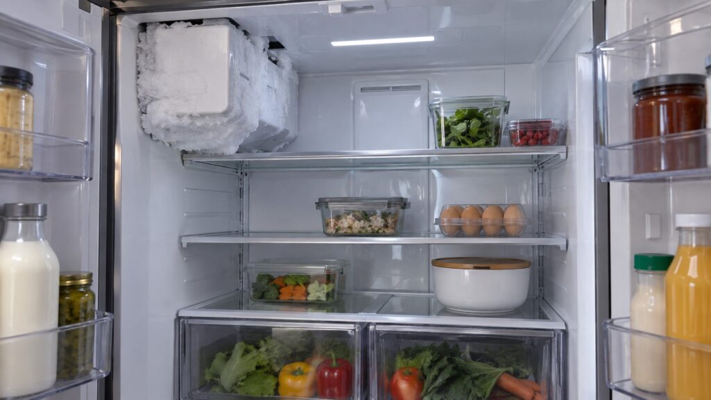 The open fresh food compartment of a French-door refrigerator showing an ice maker module with a thick coating of white frost around its housing.