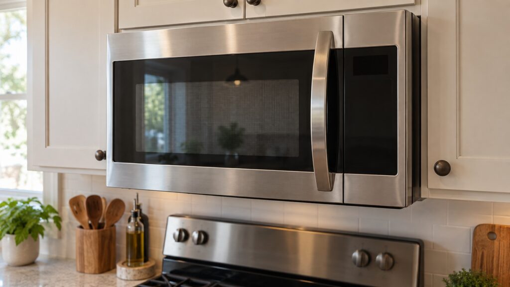 A stainless over-the-range microwave with its touch panel area in sharp focus, the dark glass display blank.