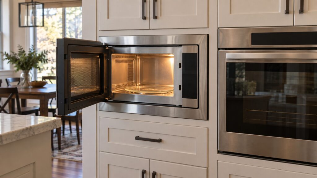 A built-in microwave set into a tall kitchen cabinet run beside a wall oven, its door open and the interior light on.