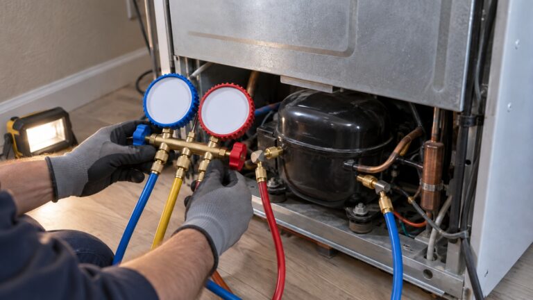 A technician's gloved hands with refrigeration gauges connected to the service ports of a refrigerator compressor at the back of the cabinet.