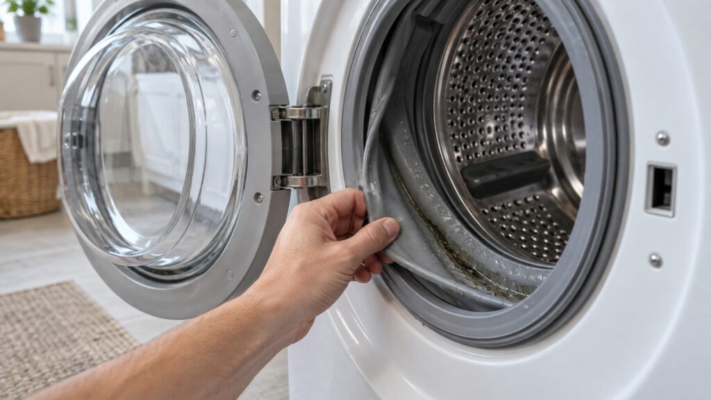 A front-loading washing machine with its door wide open and the rubber door boot seal peeled back by a hand, showing the damp fold inside.